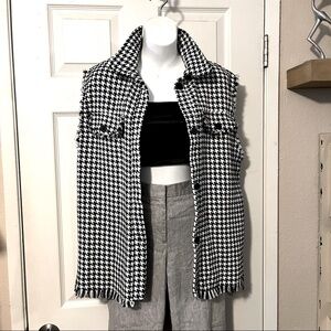 Black and White Tweed Houndstooth Raw Edged Frayed Fringe Boxy Button Down Vest